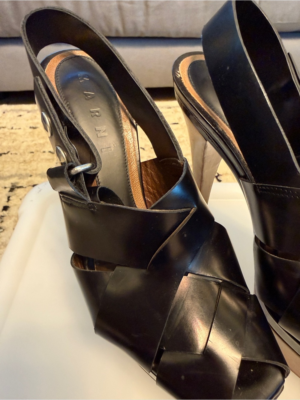 Black Leather Marni Peep-Toe Woven Platform Slingback Heels - Picture 4 of 4